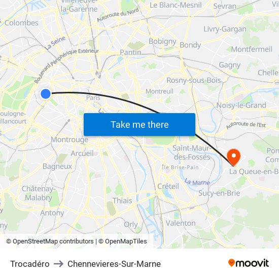 Trocadéro to Chennevieres-Sur-Marne map