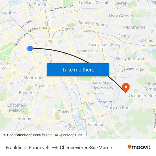 Franklin D. Roosevelt to Chennevieres-Sur-Marne map