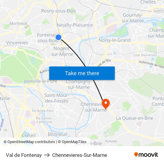 Val de Fontenay to Chennevieres-Sur-Marne map