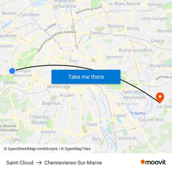 Saint-Cloud to Chennevieres-Sur-Marne map