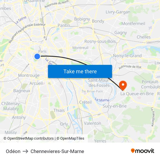 Odéon to Chennevieres-Sur-Marne map