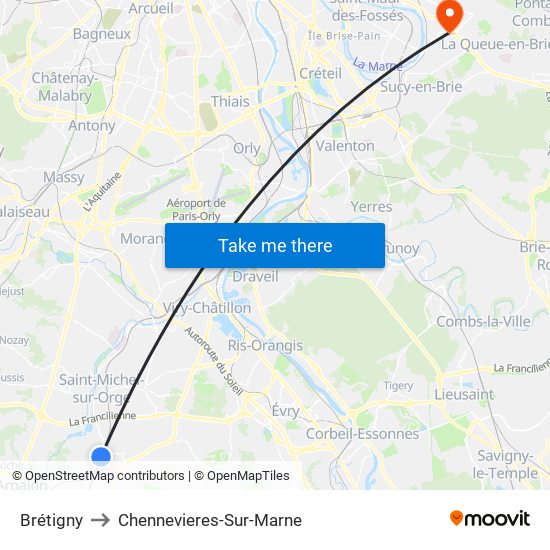 Brétigny to Chennevieres-Sur-Marne map
