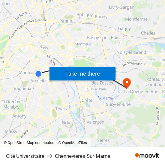 Cité Universitaire to Chennevieres-Sur-Marne map