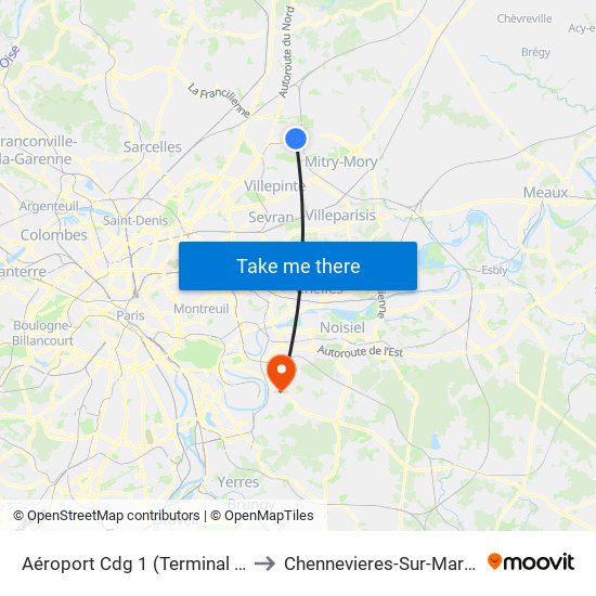 Aéroport Cdg 1 (Terminal 3) to Chennevieres-Sur-Marne map