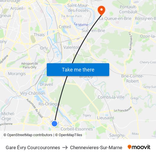Gare Évry Courcouronnes to Chennevieres-Sur-Marne map