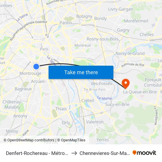 Denfert-Rochereau - Métro-Rer to Chennevieres-Sur-Marne map