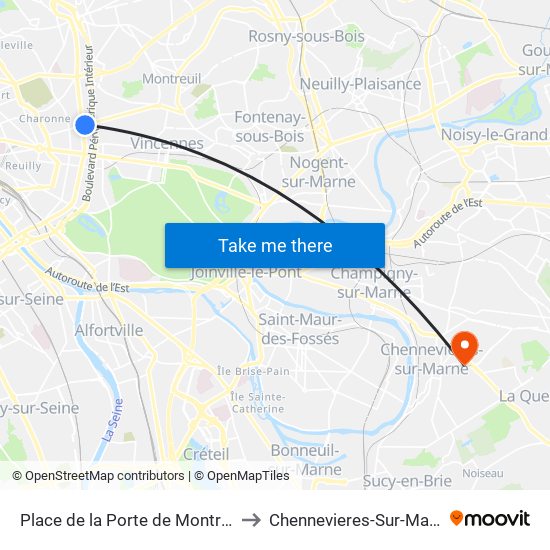 Place de la Porte de Montreuil to Chennevieres-Sur-Marne map