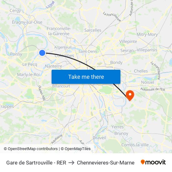 Gare de Sartrouville - RER to Chennevieres-Sur-Marne map