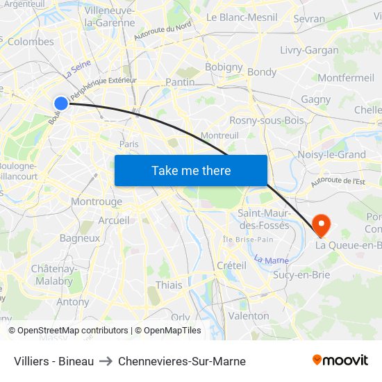 Villiers - Bineau to Chennevieres-Sur-Marne map