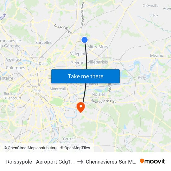 Roissypole - Aéroport Cdg1 (E2) to Chennevieres-Sur-Marne map
