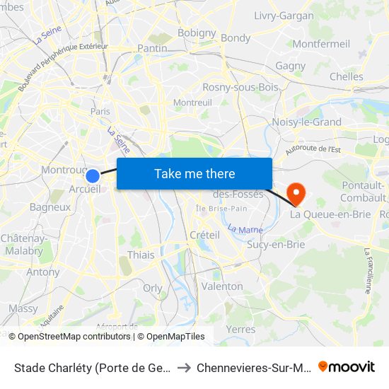 Stade Charléty (Porte de Gentilly) to Chennevieres-Sur-Marne map