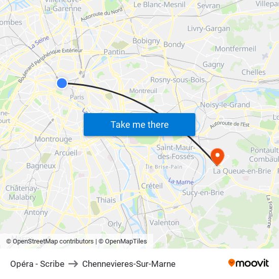 Opéra - Scribe to Chennevieres-Sur-Marne map