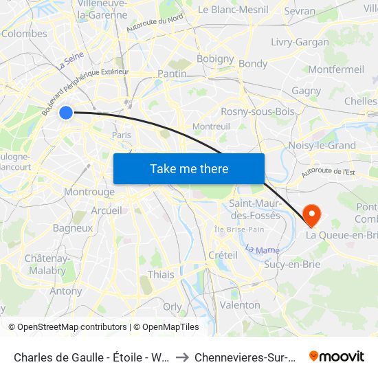 Charles de Gaulle - Étoile - Wagram to Chennevieres-Sur-Marne map