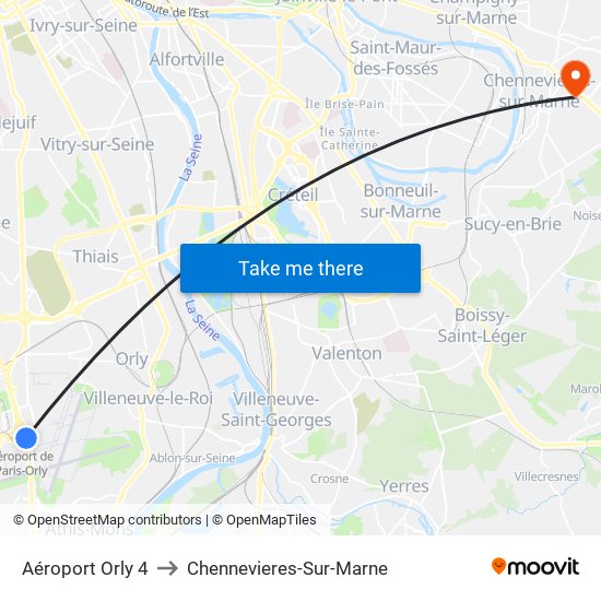 Aéroport Orly 4 to Chennevieres-Sur-Marne map