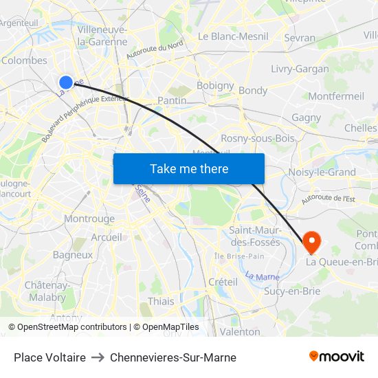 Place Voltaire to Chennevieres-Sur-Marne map
