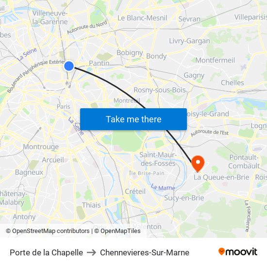 Porte de la Chapelle to Chennevieres-Sur-Marne map
