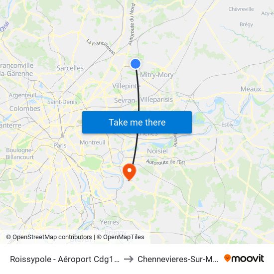 Roissypole - Aéroport Cdg1 (D1) to Chennevieres-Sur-Marne map