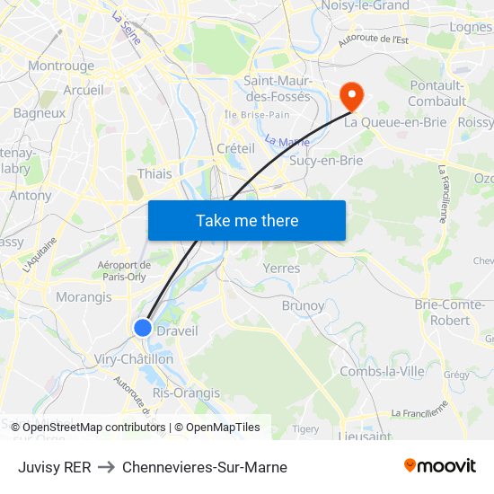 Juvisy RER to Chennevieres-Sur-Marne map