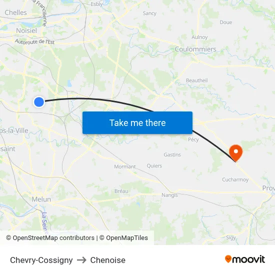 Chevry-Cossigny to Chenoise map