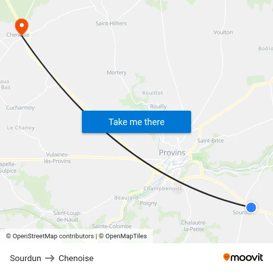 Sourdun to Chenoise map
