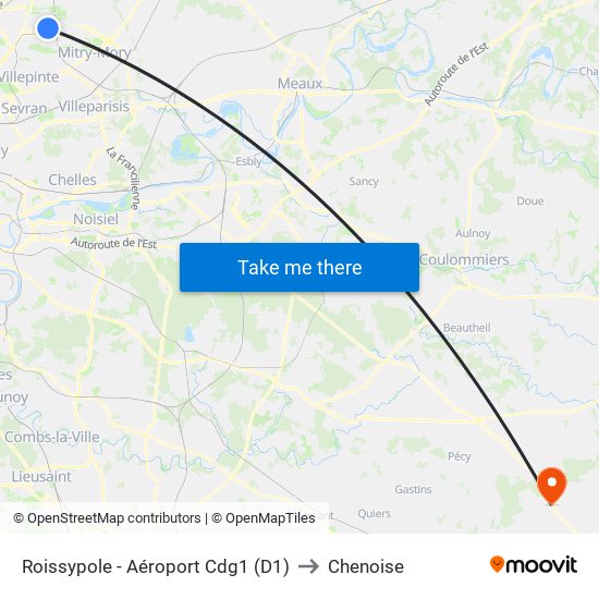 Roissypole - Aéroport Cdg1 (D1) to Chenoise map