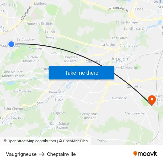 Vaugrigneuse to Cheptainville map