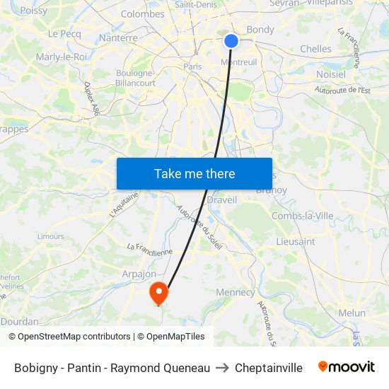 Bobigny - Pantin - Raymond Queneau to Cheptainville map