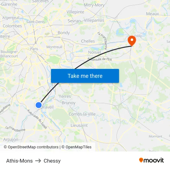 Athis-Mons to Chessy map