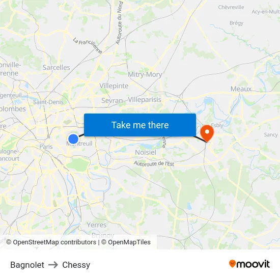 Bagnolet to Chessy map