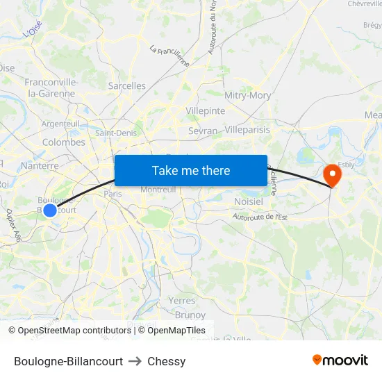 Boulogne-Billancourt to Chessy map