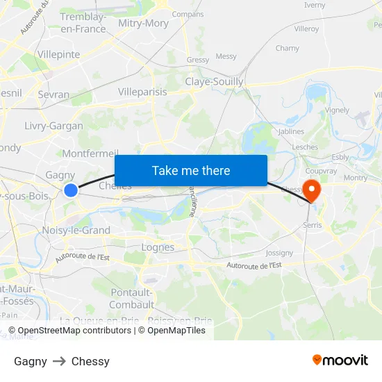 Gagny to Chessy map