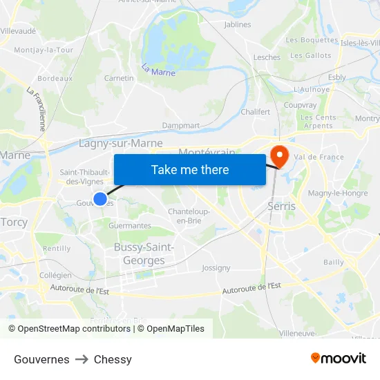 Gouvernes to Chessy map