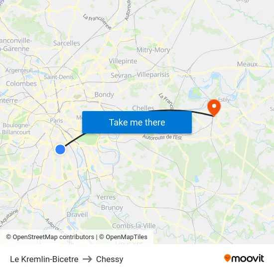 Le Kremlin-Bicetre to Chessy map