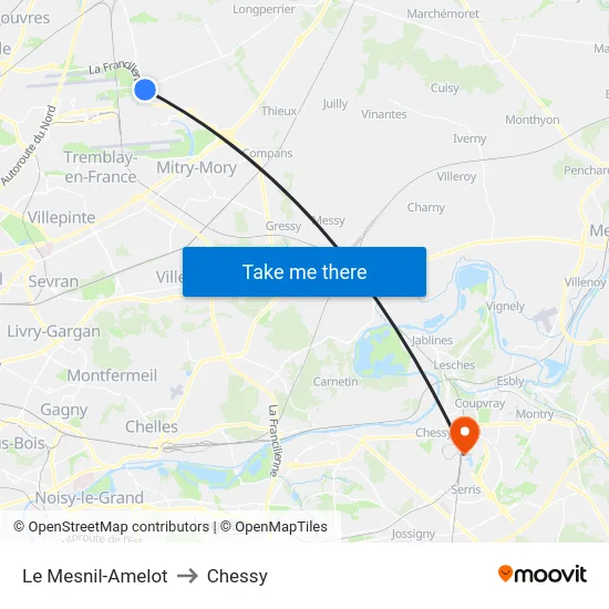 Le Mesnil-Amelot to Chessy map