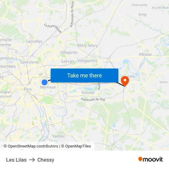 Les Lilas to Chessy map
