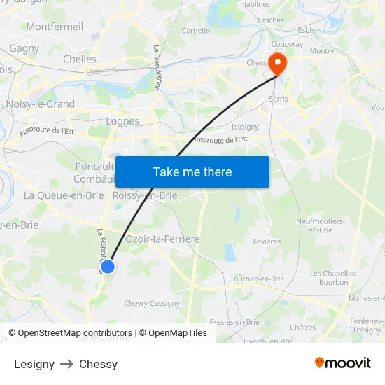 Lesigny to Chessy map