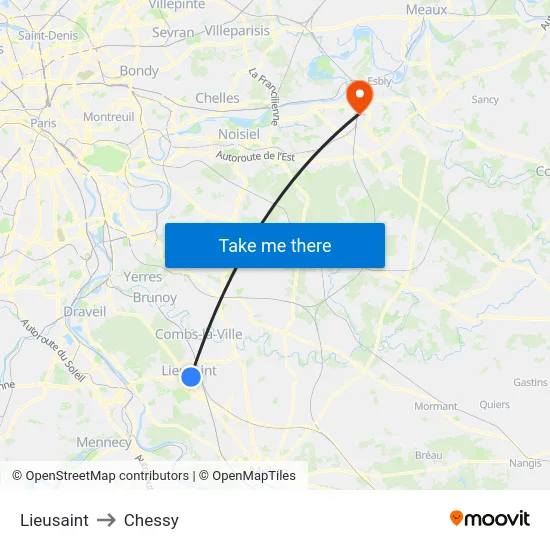 Lieusaint to Chessy map