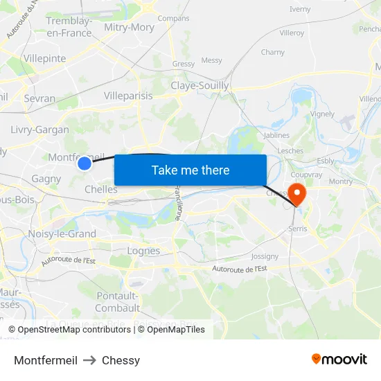 Montfermeil to Chessy map