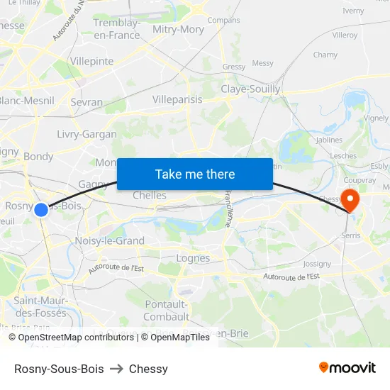 Rosny-Sous-Bois to Chessy map