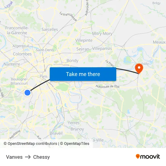 Vanves to Chessy map