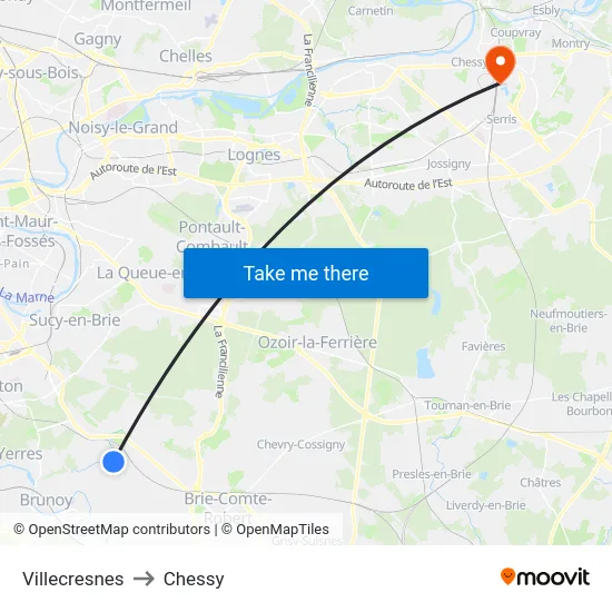 Villecresnes to Chessy map