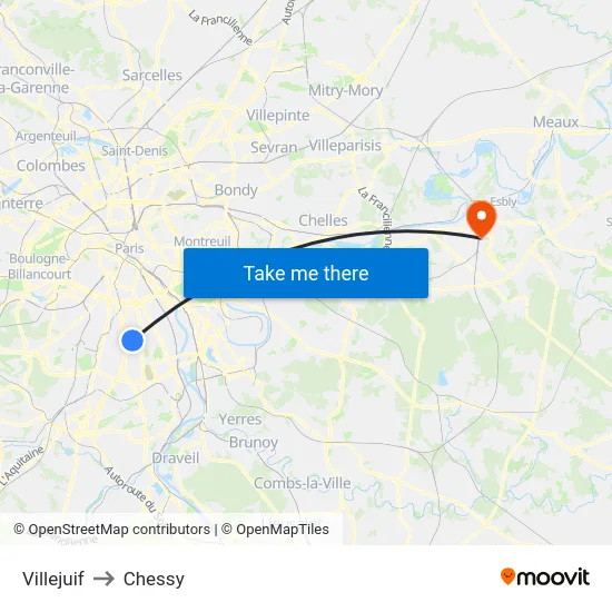 Villejuif to Chessy map