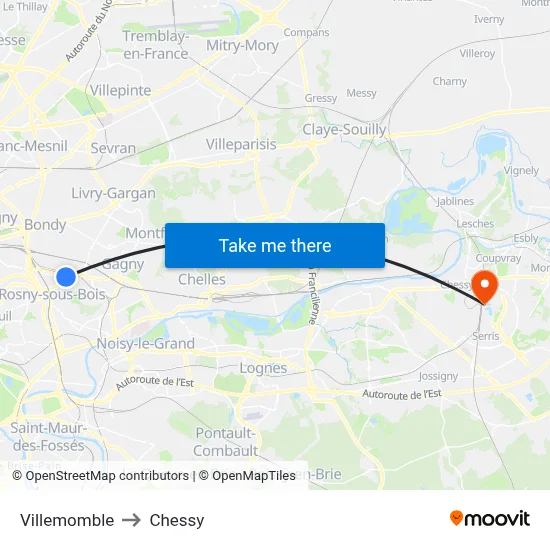 Villemomble to Chessy map