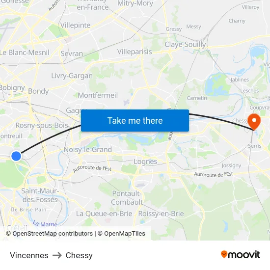 Vincennes to Chessy map