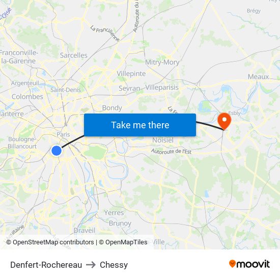 Denfert-Rochereau to Chessy map