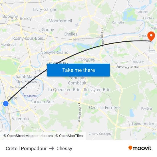 Créteil Pompadour to Chessy map