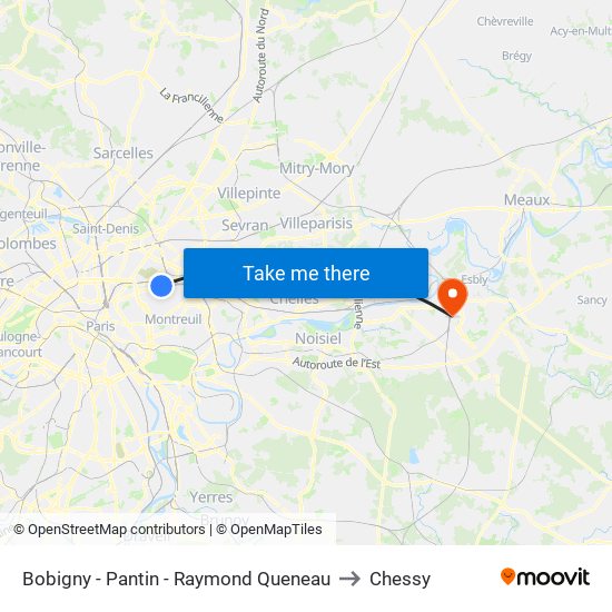 Bobigny - Pantin - Raymond Queneau to Chessy map