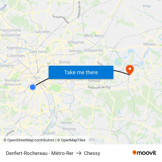 Denfert-Rochereau - Métro-Rer to Chessy map