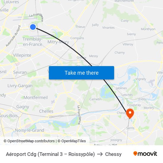 Aéroport Cdg (Terminal 3 – Roissypôle) to Chessy map