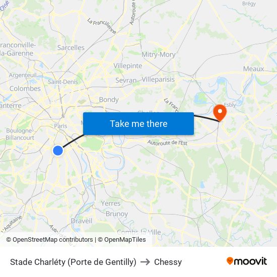 Stade Charléty (Porte de Gentilly) to Chessy map